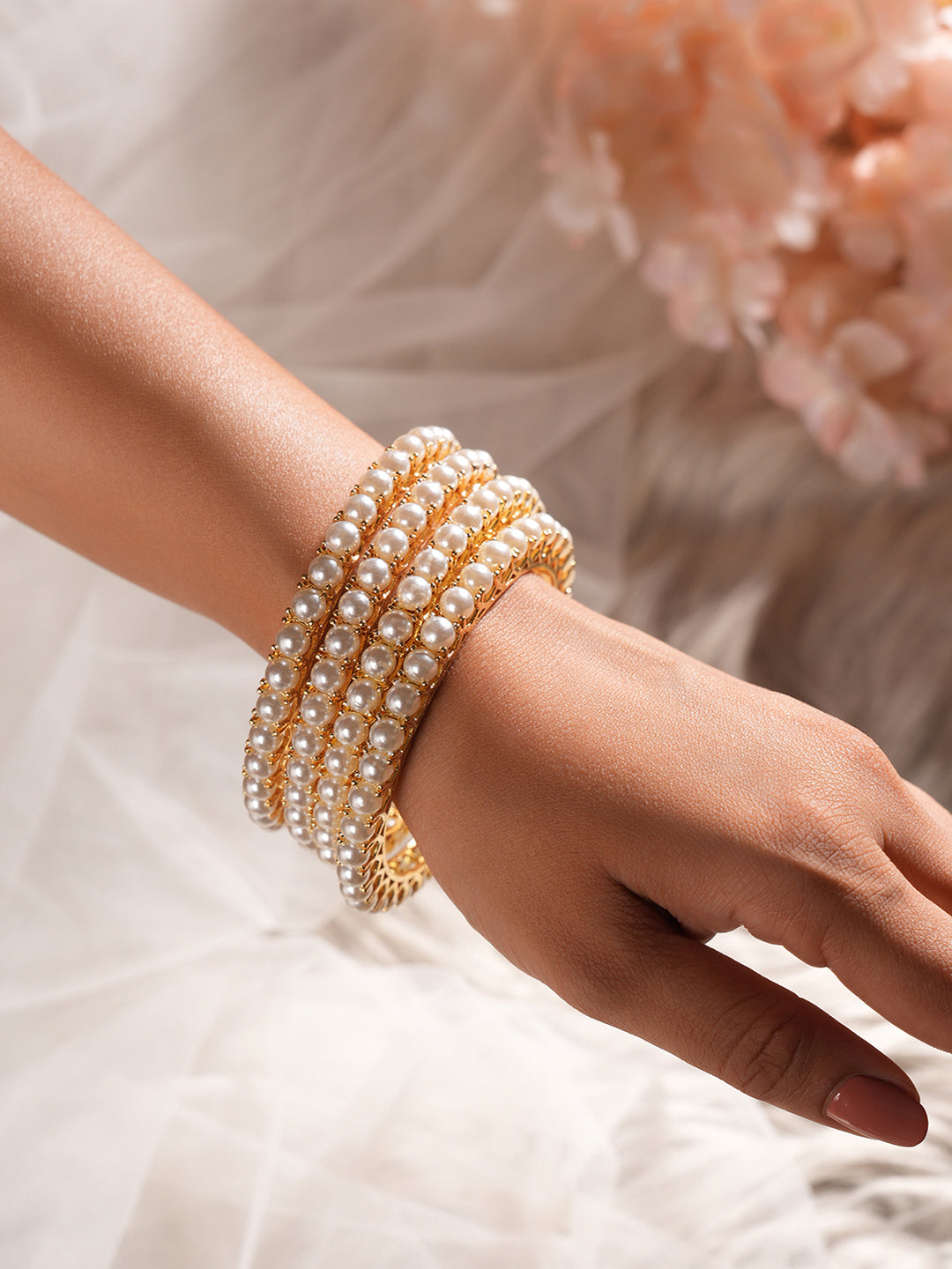 Set Of 4 Gold Polish Pearl Beaded Partywear Bangles